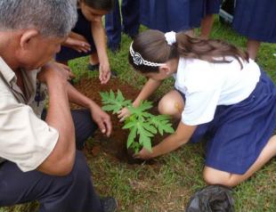 Alumna plantando árbol con indicaciones de su maestro
